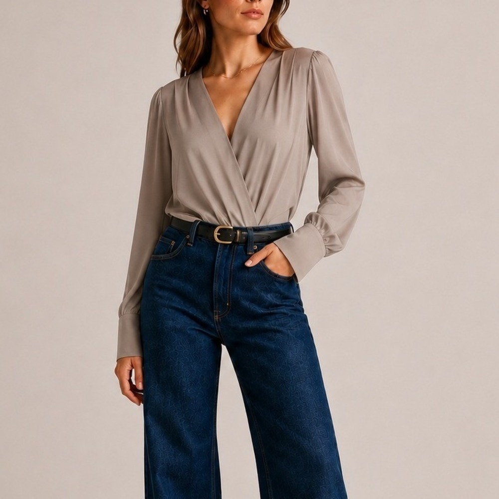 Quince Washable Stretch Silk Surplice Bodysuit Wrap Front Long Sleeve Taupe Med